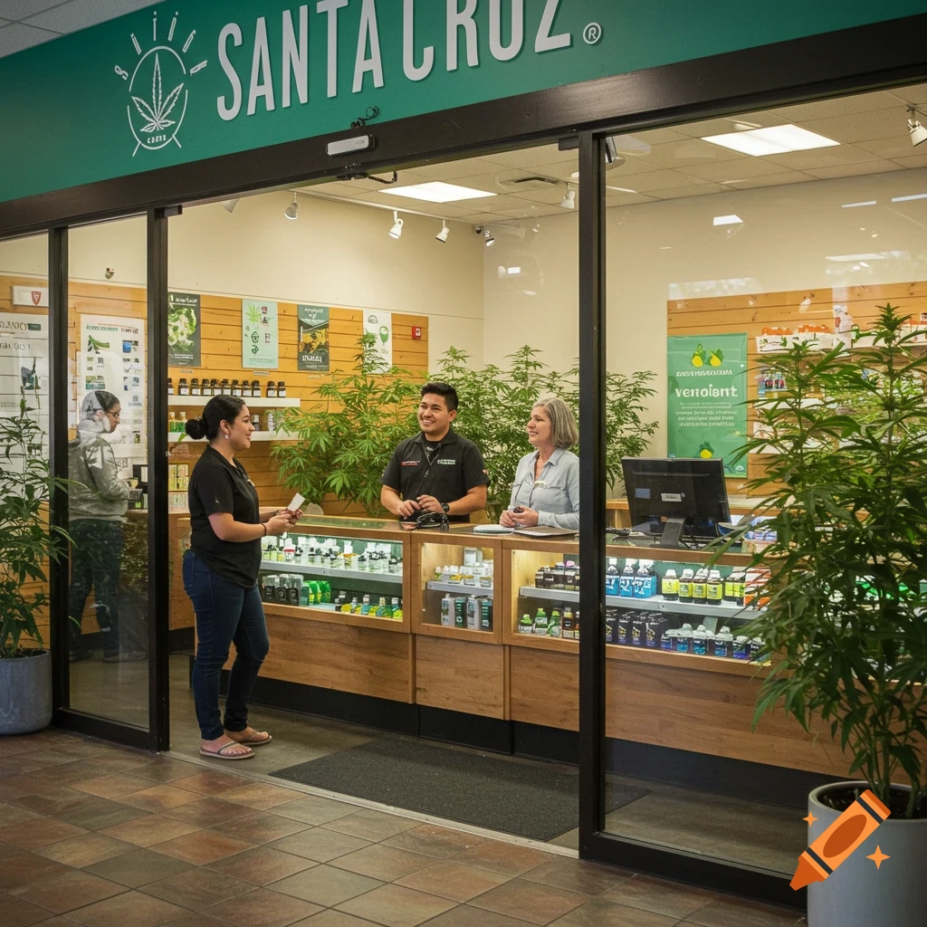 People inside a cannabis dispensary with plants and products on display.