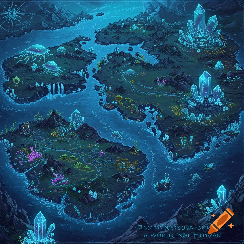 Fantasy map of islands with glowing crystals and alien life forms.
