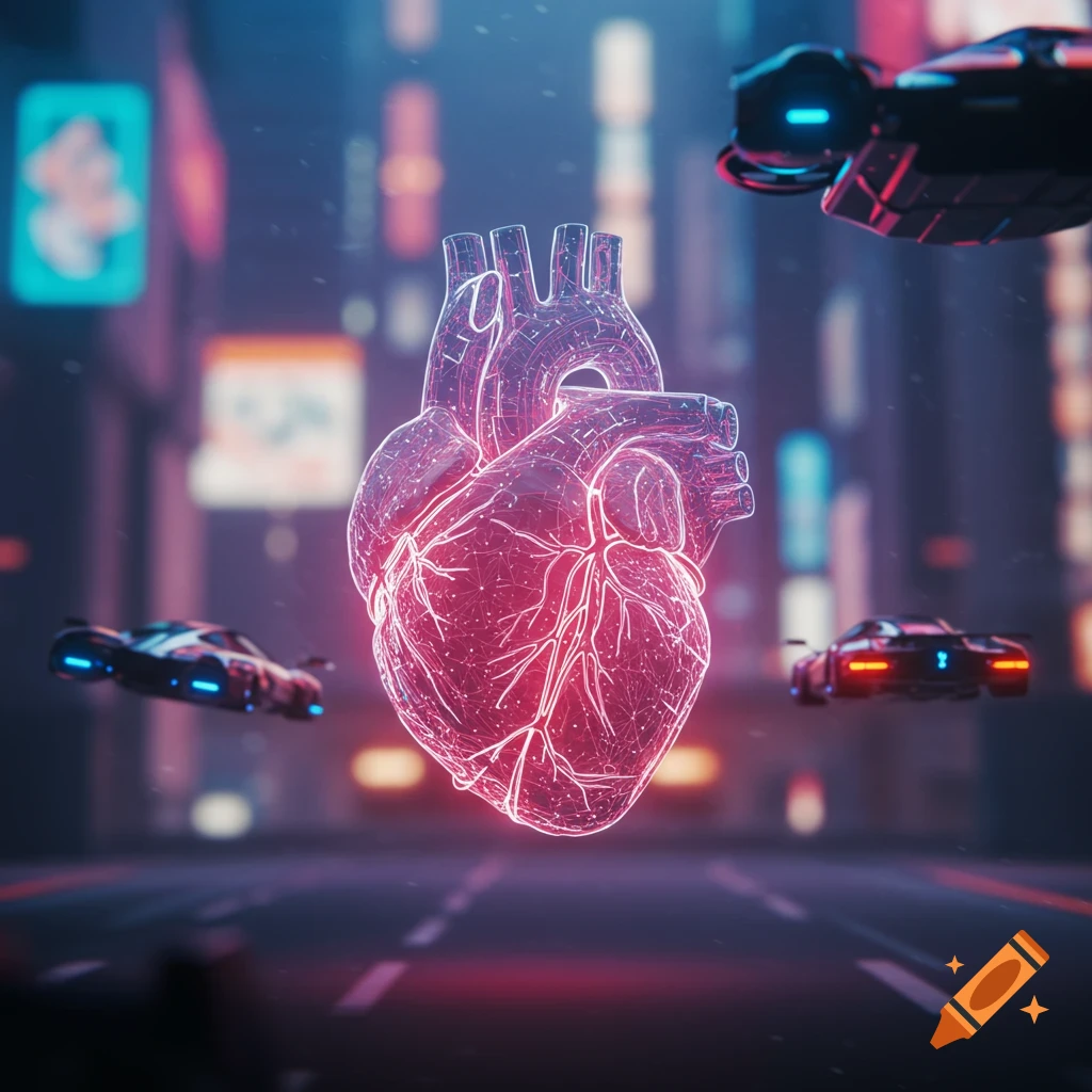 A glowing digital heart floats above a street in a futuristic cyberpunk city with flying cars.