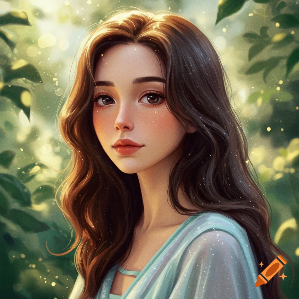A young woman with long brown hair and soft eyes in a green forest setting with light filtering through the leaves. She is wearing a light blue dress.
