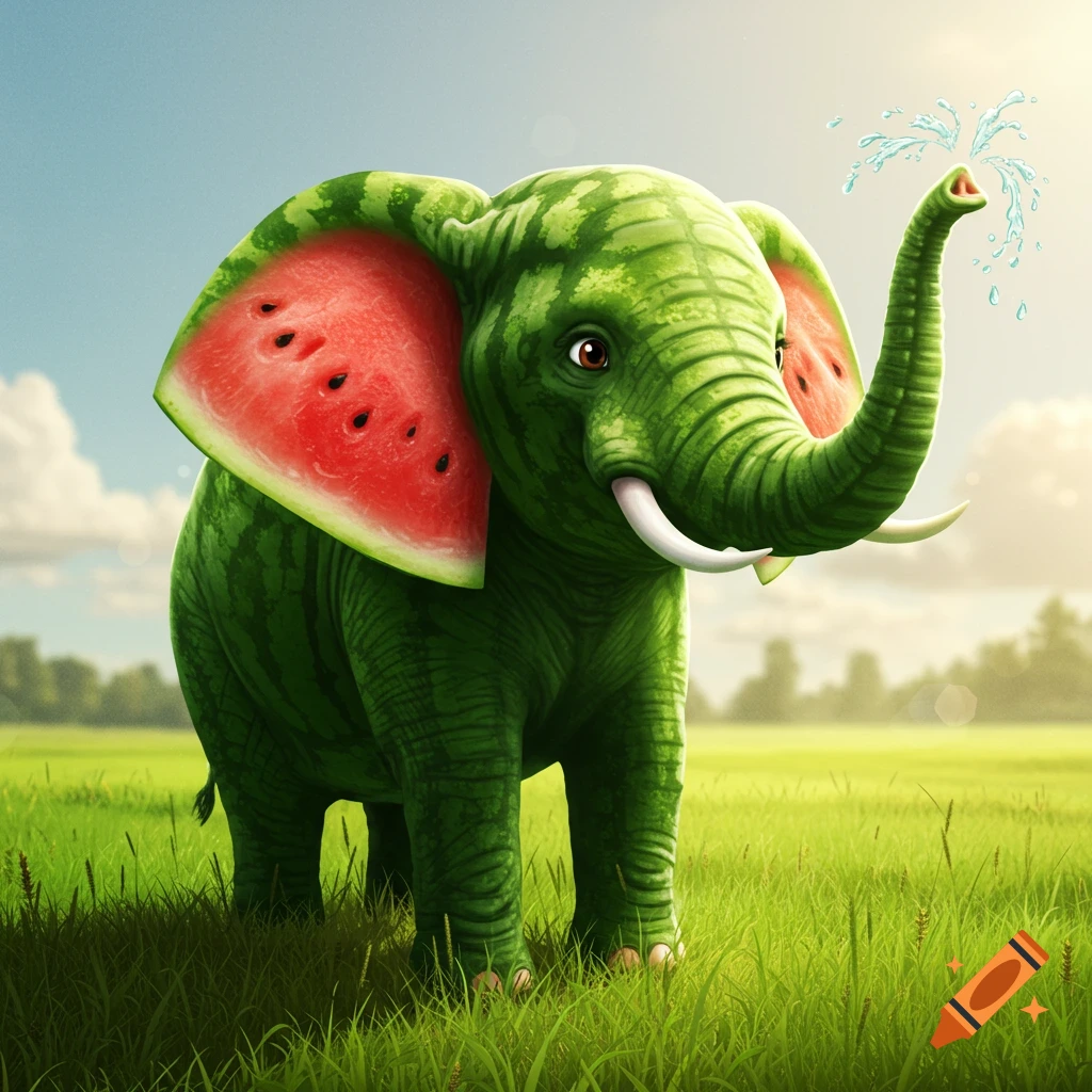 A creative illustration of an elephant made of watermelon standing in a field and spraying water from its trunk.