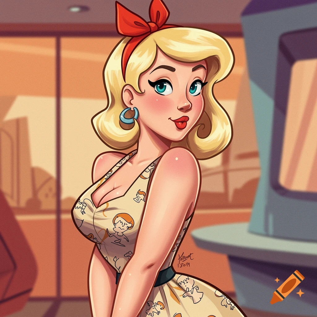 A cartoon woman with blonde hair, red headband, and hoop earrings wears a patterned dress in a retro pinup style.
