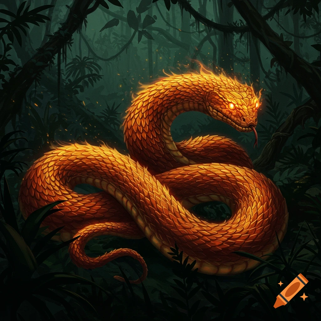 A fiery orange snake with glowing eyes in a dark, lush jungle.