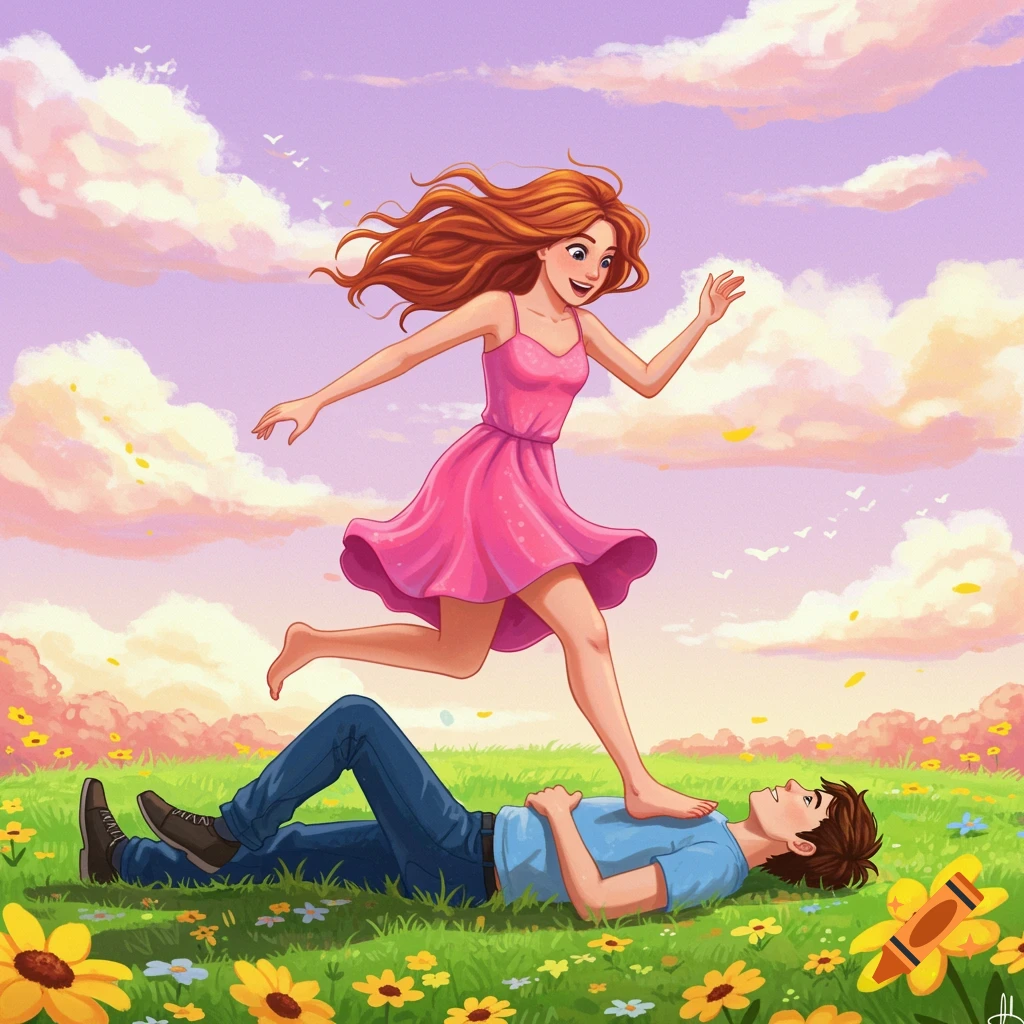 Illustrated scene of a woman in a pink dress stepping on a man lying in a field of flowers under a cloudy sky.