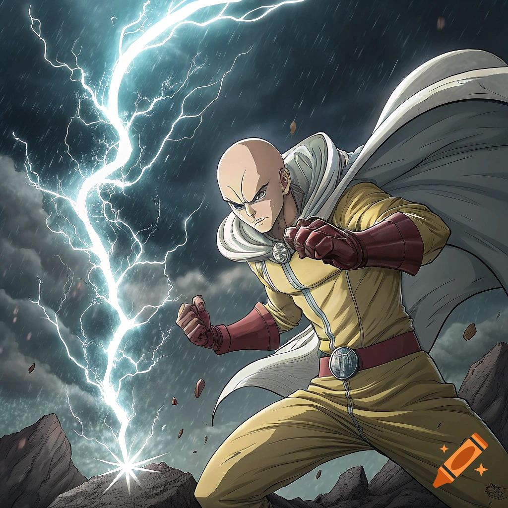 Anime style illustration of a bald superhero in a yellow suit standing in a lightning storm.