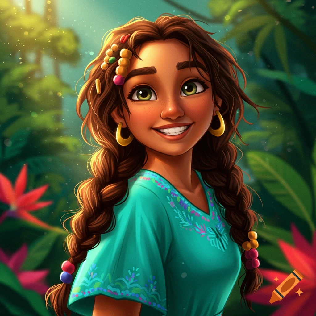 Cartoon portrait of a smiling woman with braided hair and earrings in a jungle.