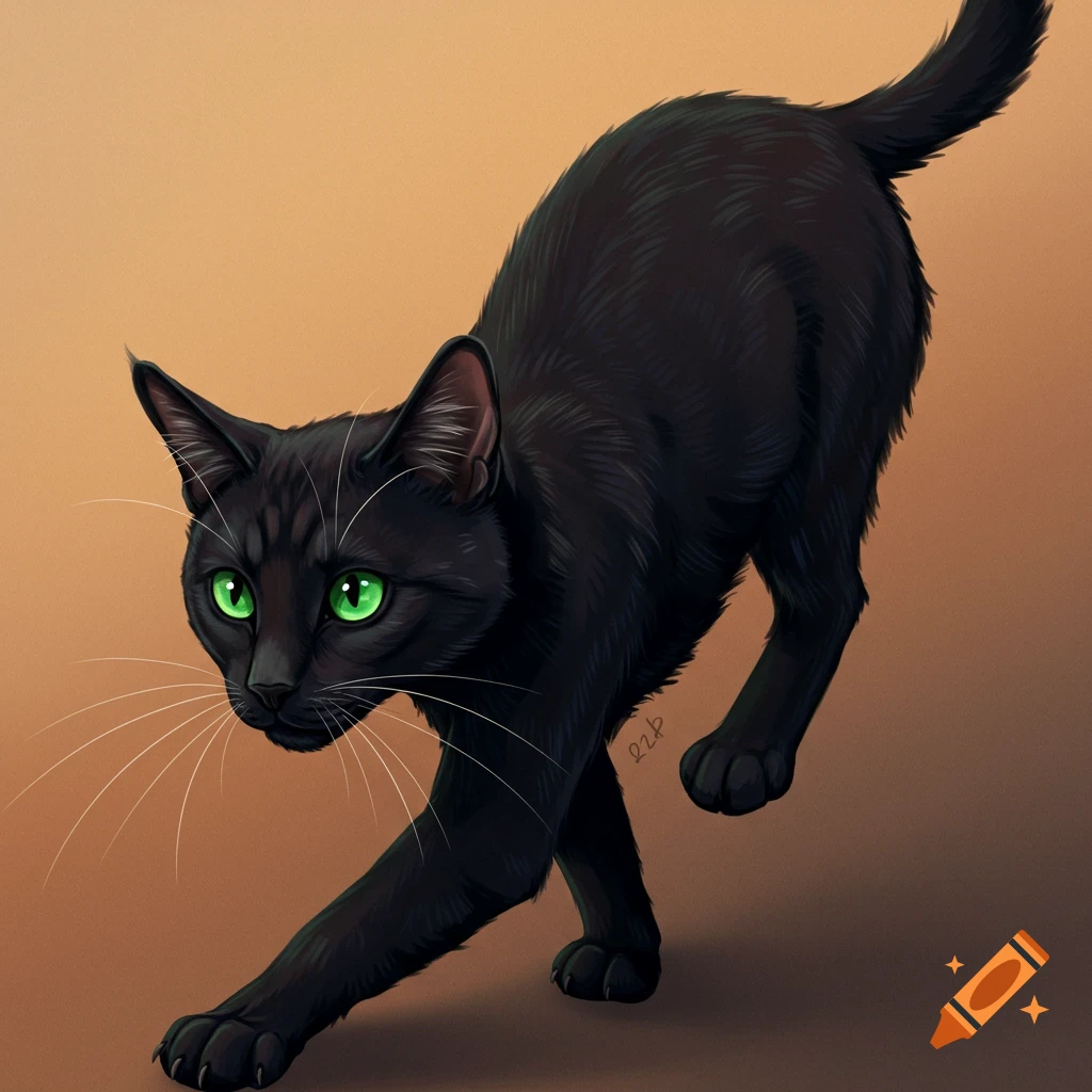 An illustration of a black cat with bright green eyes crouching low.