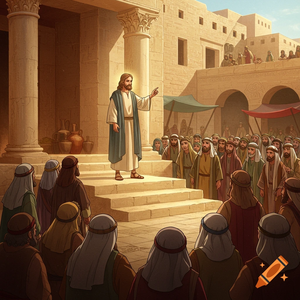 Jesus stands on steps speaking to a large crowd in an ancient city square with pillars.