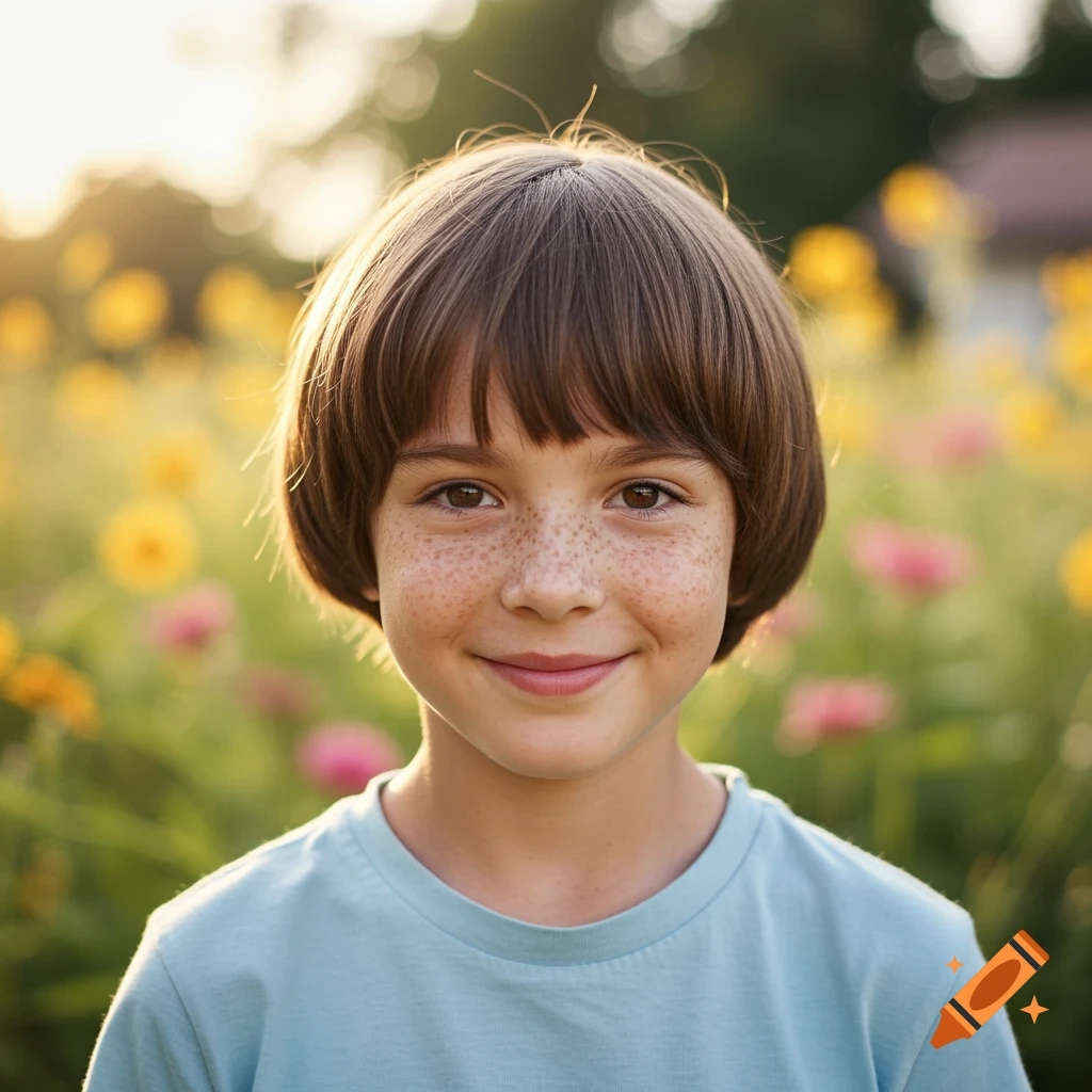 Portrait of a smiling boy with freckles in a field of flowers at sunset