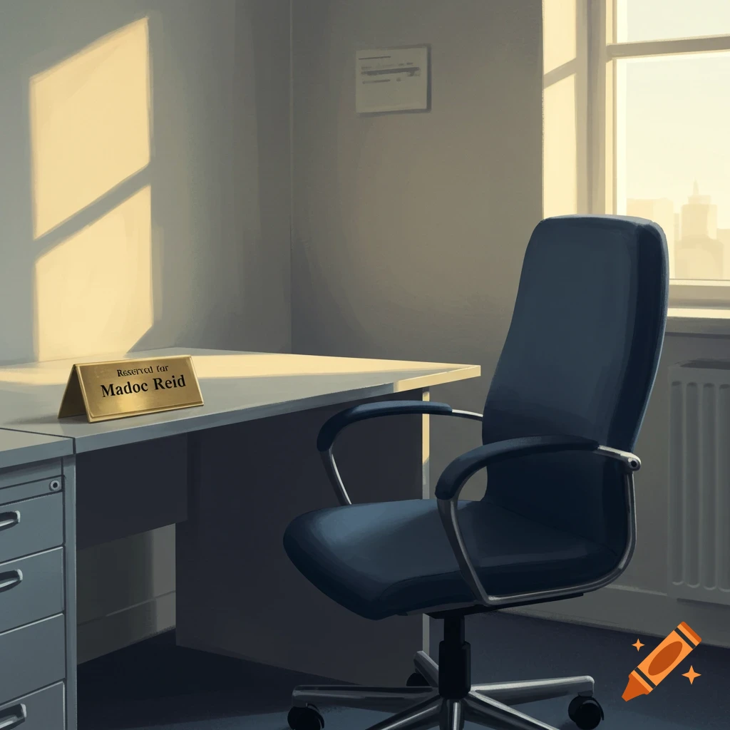 An empty office chair at a desk with a nameplate by a window, illustrated style.