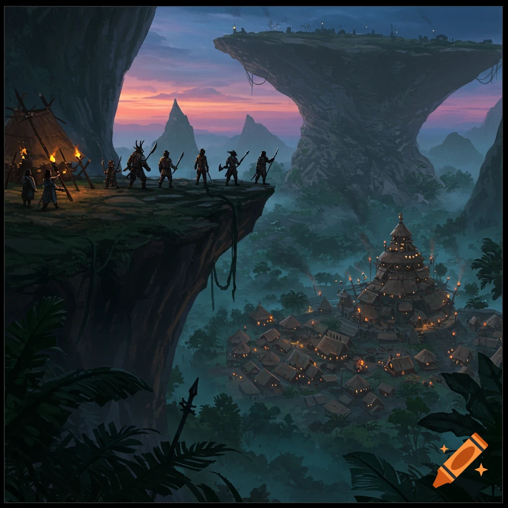 Adventurers stand on a cliff overlooking a tribal village in a jungle valley at twilight, lit by fires.