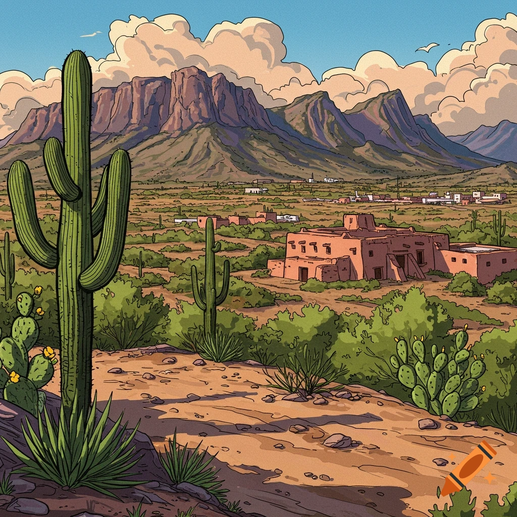 An illustration of a desert landscape with saguaro cacti, adobe buildings, and mountains under a cloudy sky.