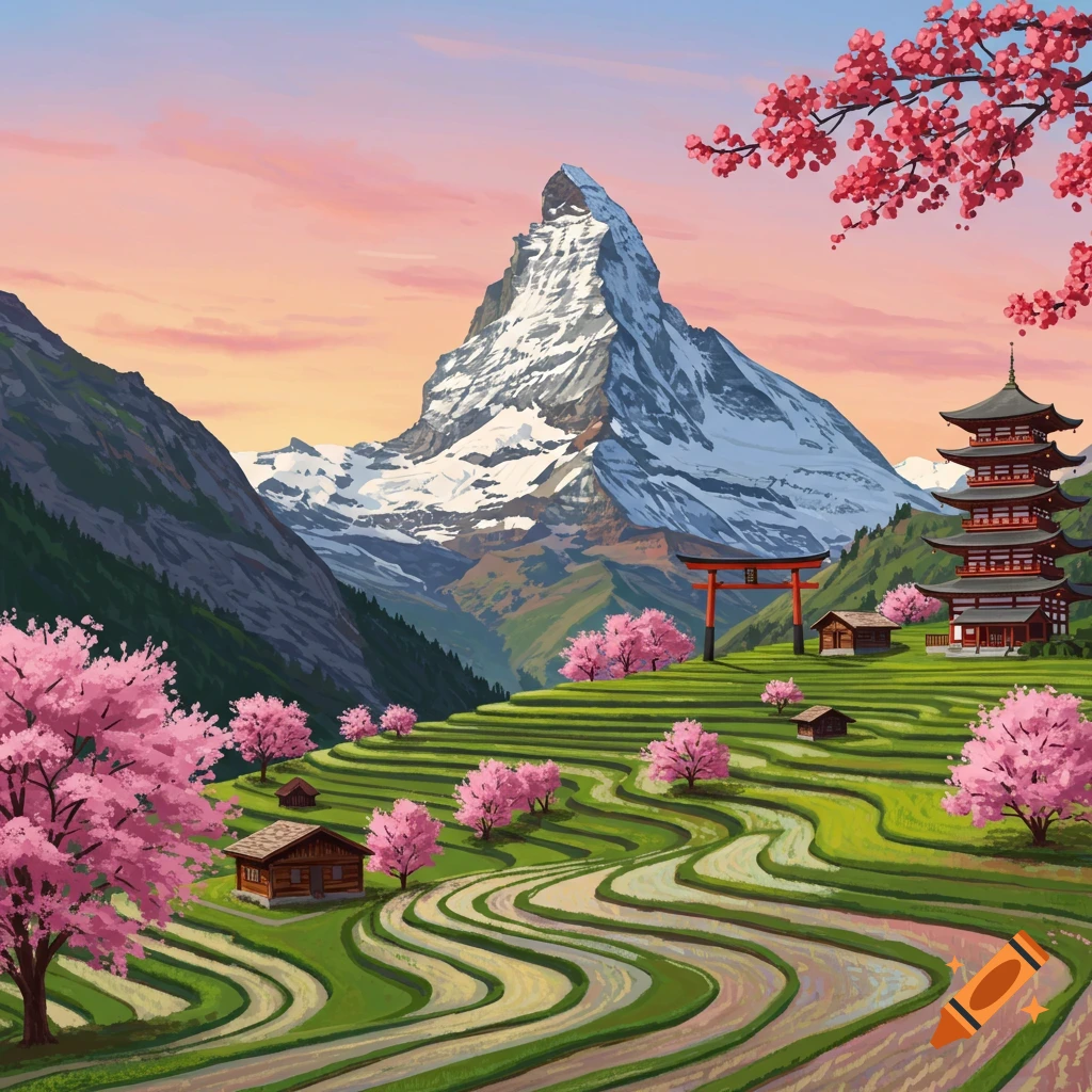 An illustration shows a snowy mountain overlooking rice terraces, cherry blossom trees, a pagoda, and a torii gate.