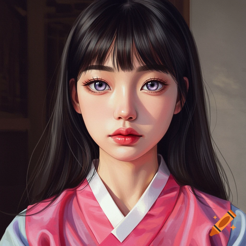 A digital art portrait of a young Asian woman with purple eyes wearing traditional pink and white clothing.