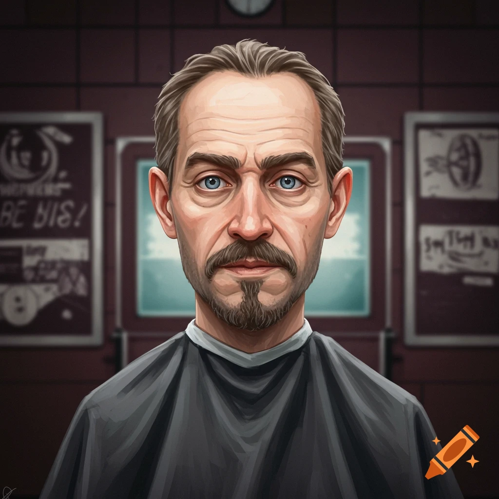 A stylized portrait of a man with a goatee and mustache wearing a barber's cape in a barber shop.