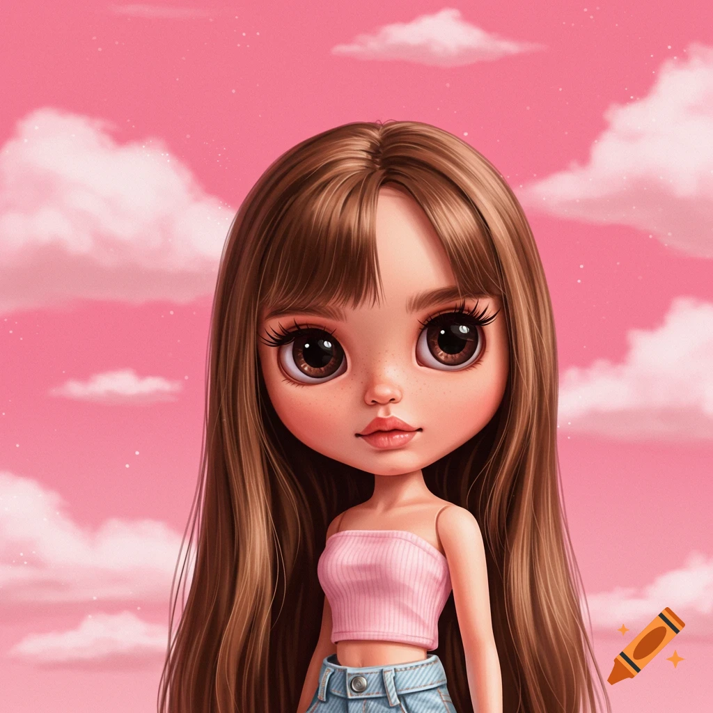 Illustration of a doll with long brown hair and big eyes against a pink cloudy sky.