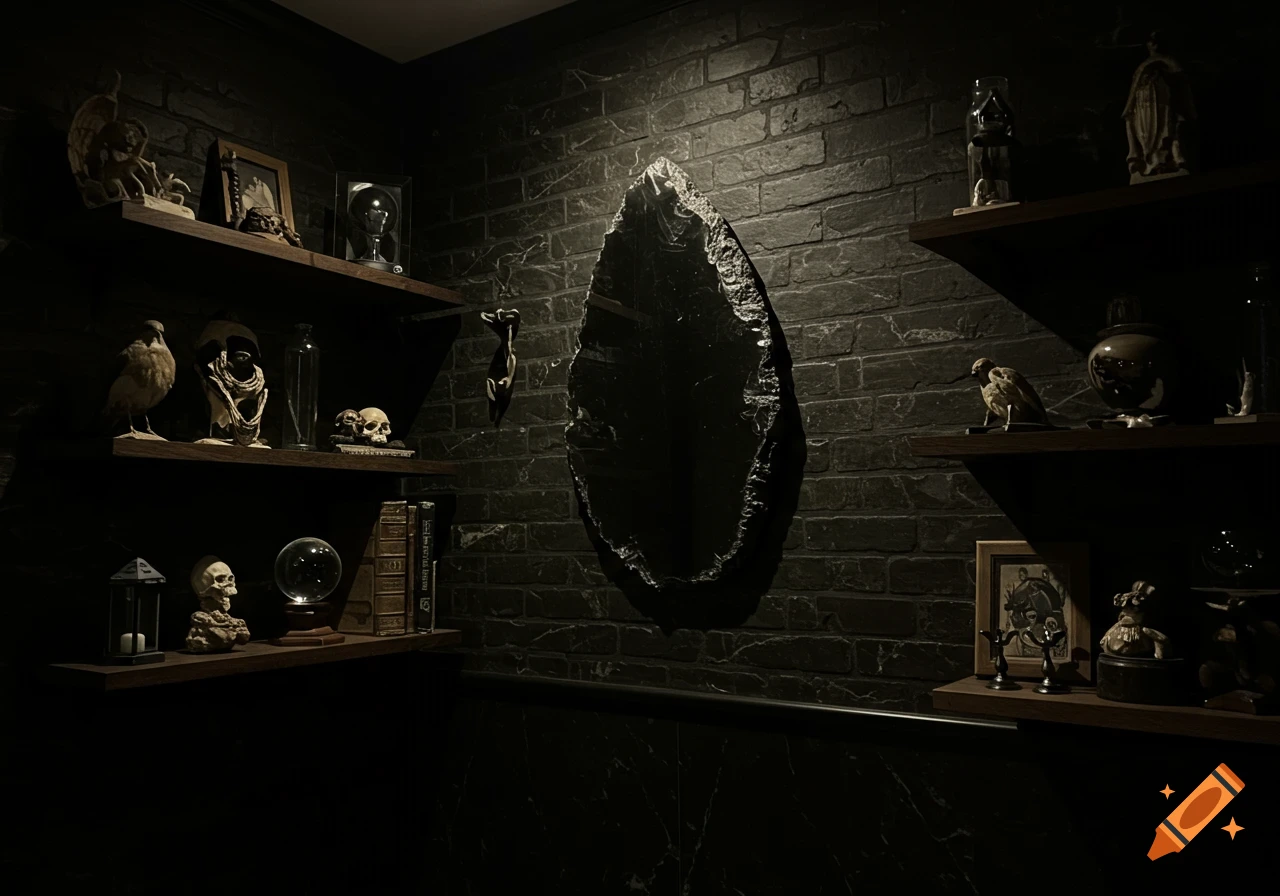 Dark gothic room with shelves displaying skulls, taxidermy birds, books, and an obsidian mirror.