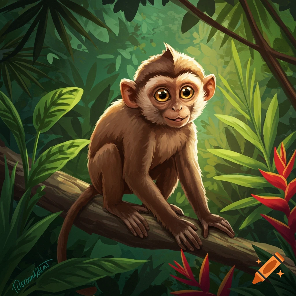 A cute illustrated monkey with big eyes sits on a branch in a green jungle.