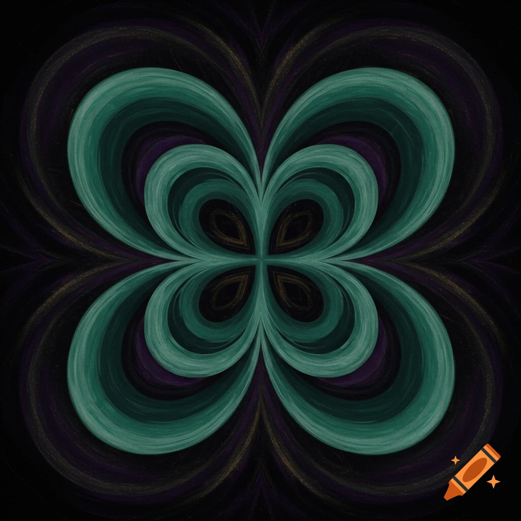 Abstract symmetrical pattern in teal, purple, and gold on a dark background.