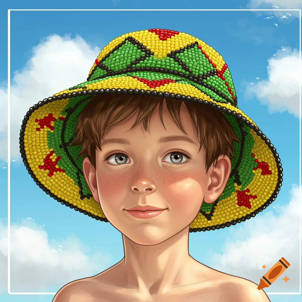 Illustration of a boy in a colourful bead hat against a sky background.