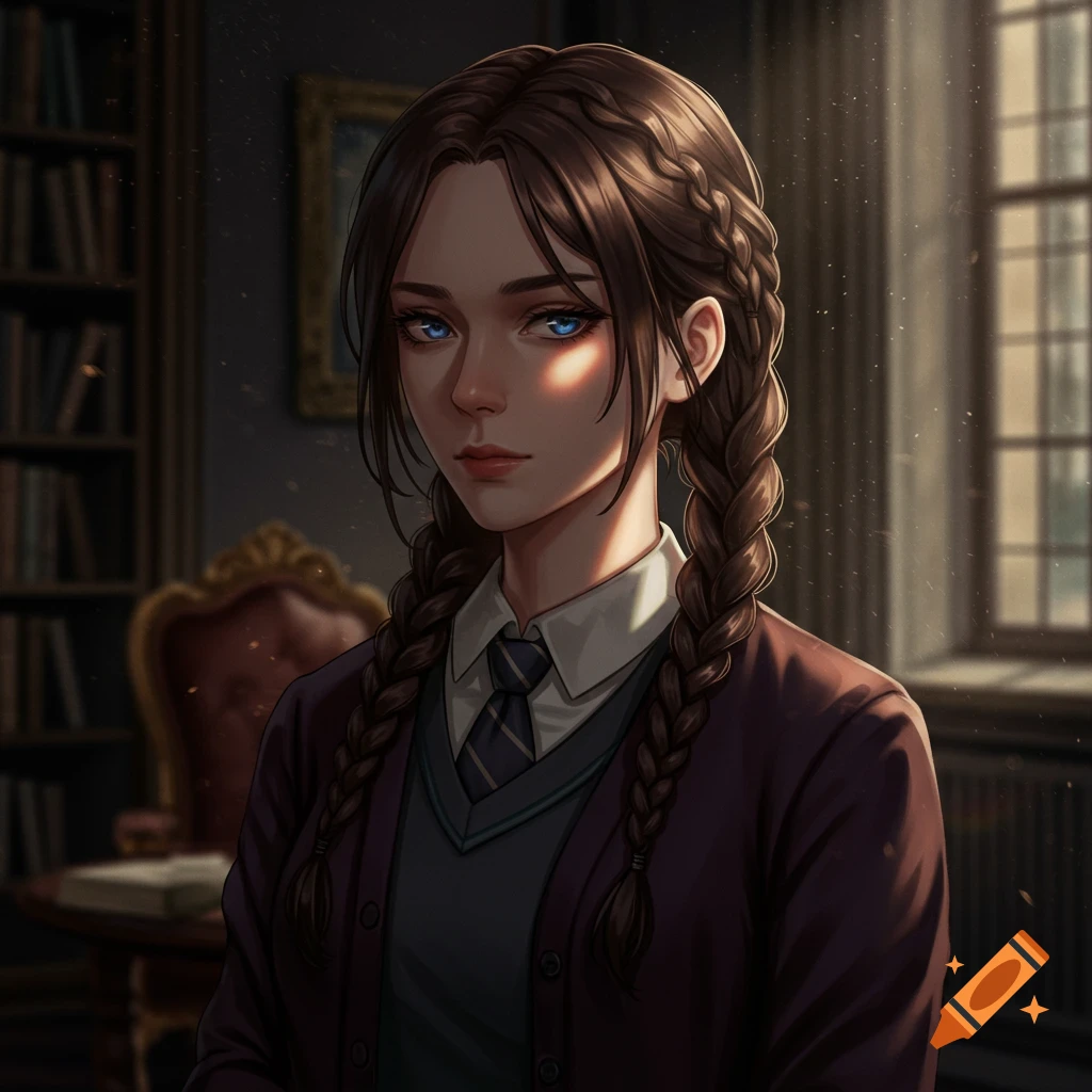 Anime-style portrait of a girl with braided pigtails wearing a school uniform in a dark academia library setting.