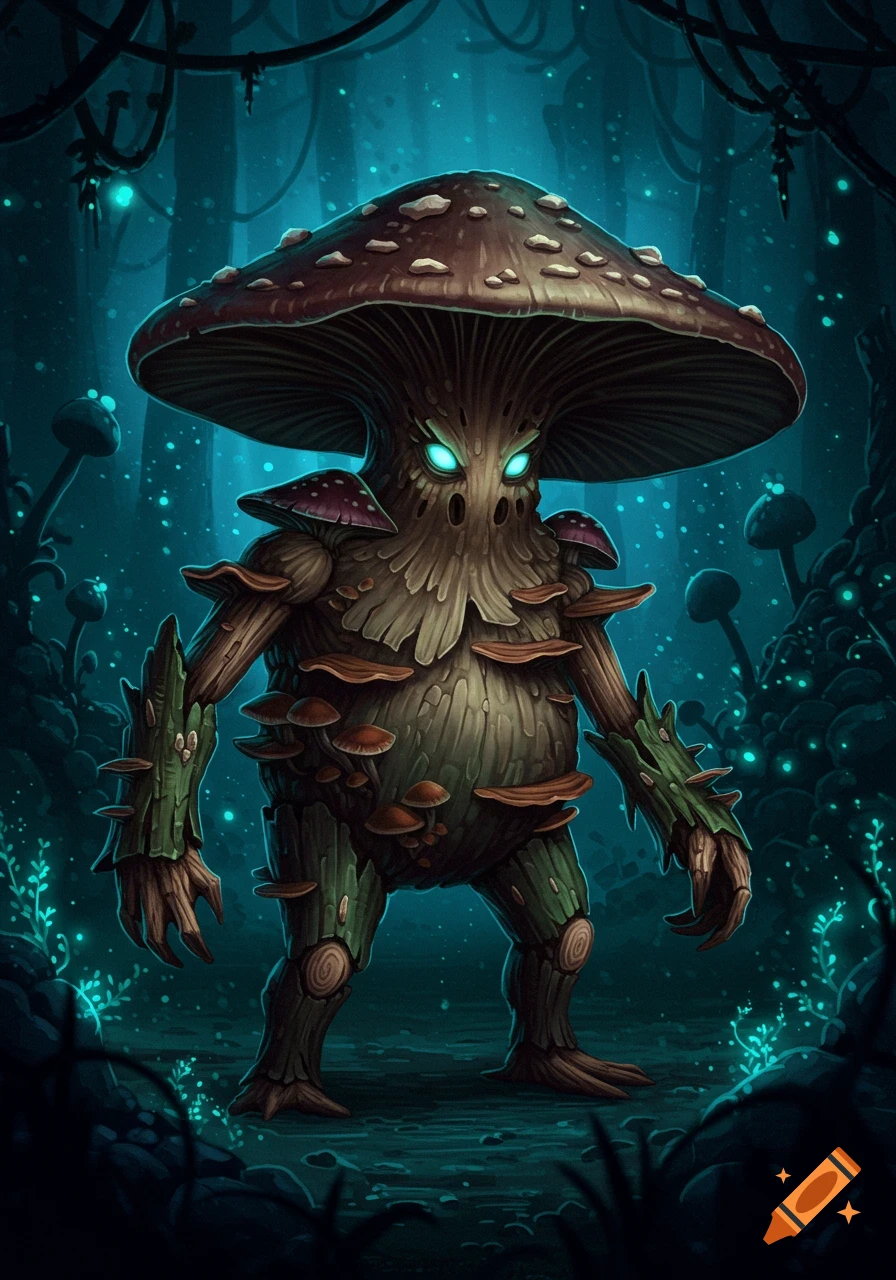 A standing mushroom creature with glowing eyes in a dark forest illustration.
