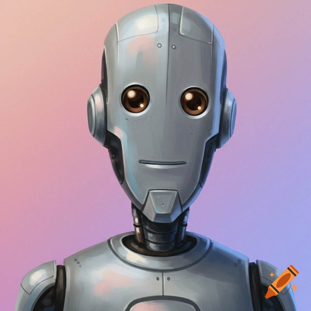 A close-up portrait of a silver robot with large brown eyes.
