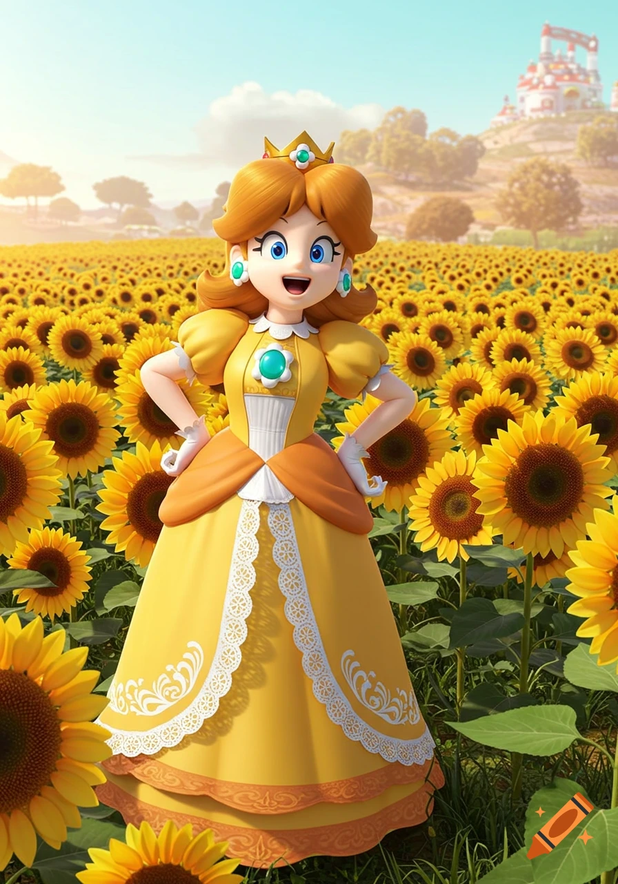 Princess Daisy from Super Mario stands in a large field of sunflowers.