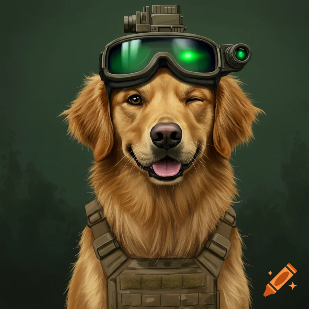 A Golden Retriever dog wearing tactical gear and night vision goggles winks.