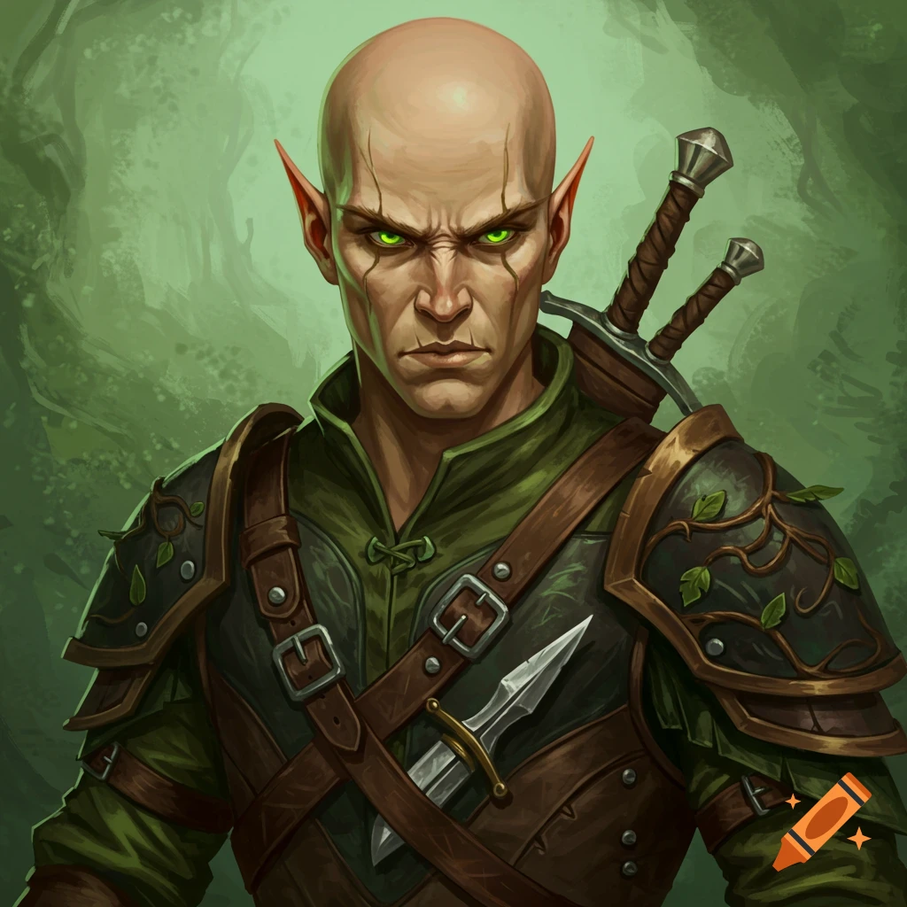 Bald male wood elf rogue character portrait in fantasy art style