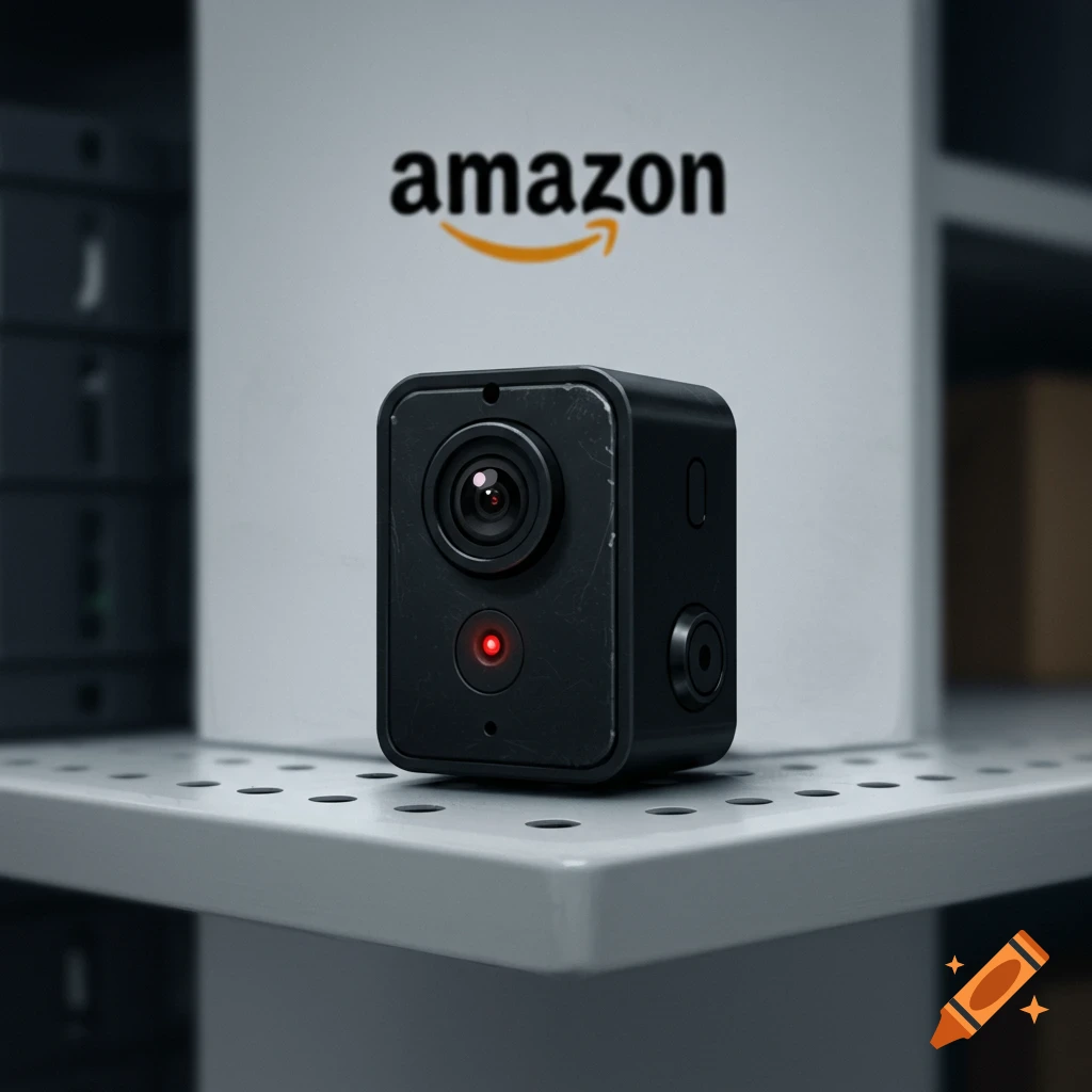 A black mini camera with a red light sits on a shelf in front of a box with the Amazon logo. Photorealistic style.