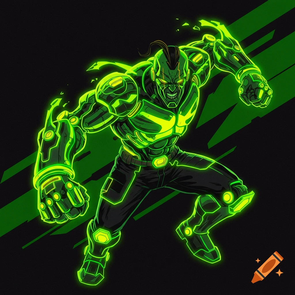 Stylized character in neon green glowing armor and black pants poses dynamically against a dark background, comic book style.
