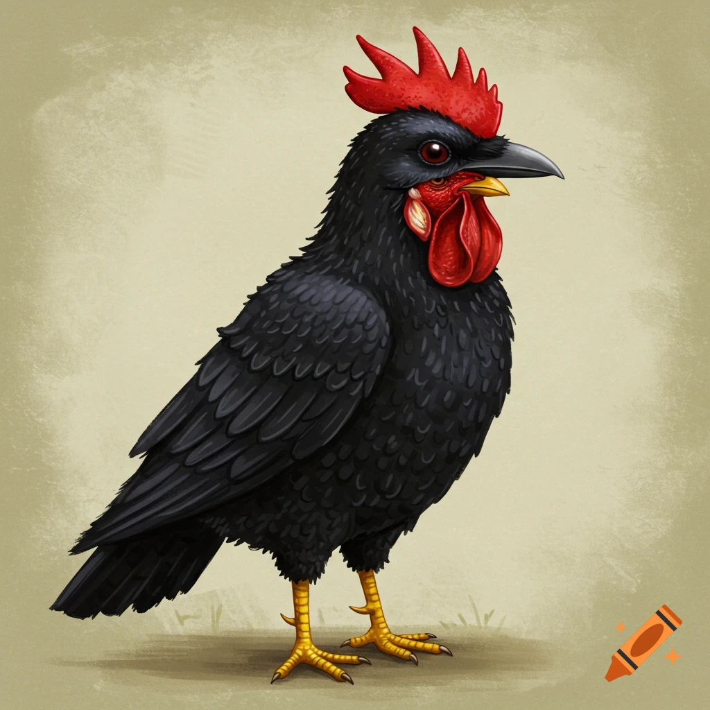 Stylized illustration of a black bird with a red rooster comb and wattles.