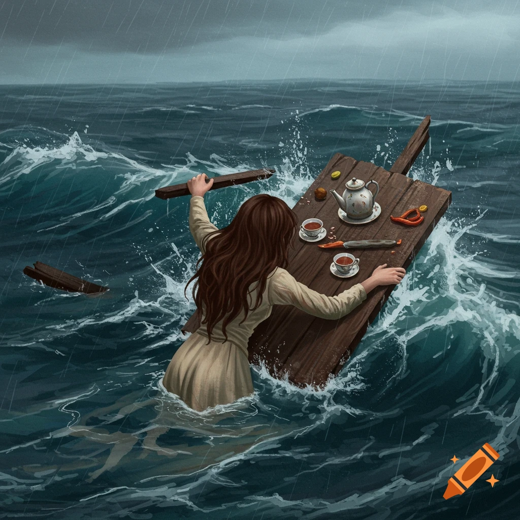 Woman clings to a plank with a tea set in a stormy ocean, illustration.