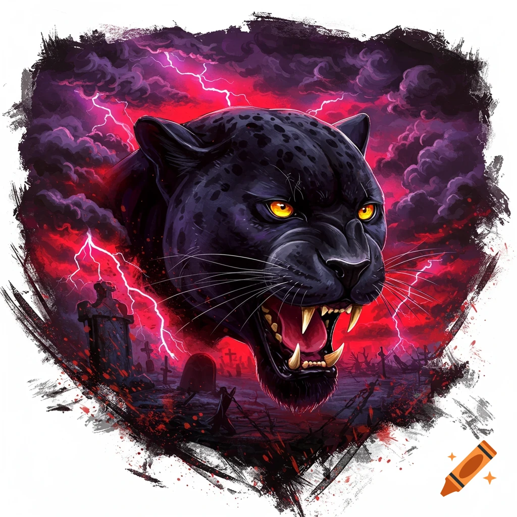 A snarling black panther head with yellow eyes appears over a dark cemetery with lightning in a gothic, death metal art style.