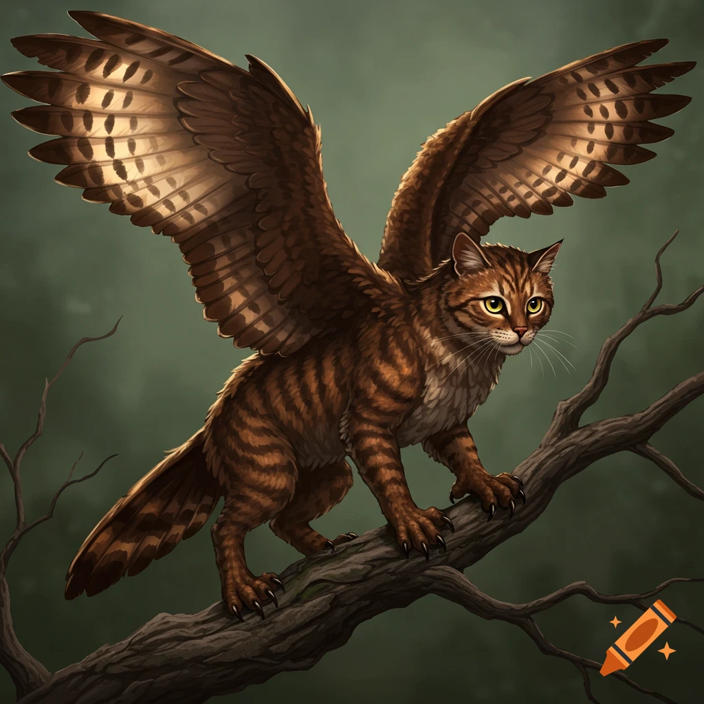 A fantasy creature resembling a tabby cat with large owl wings perched on a tree branch.