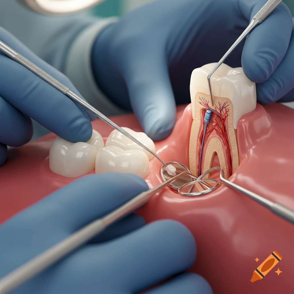 Close-up of a root canal procedure on a tooth model performed by gloved hands using dental tools.