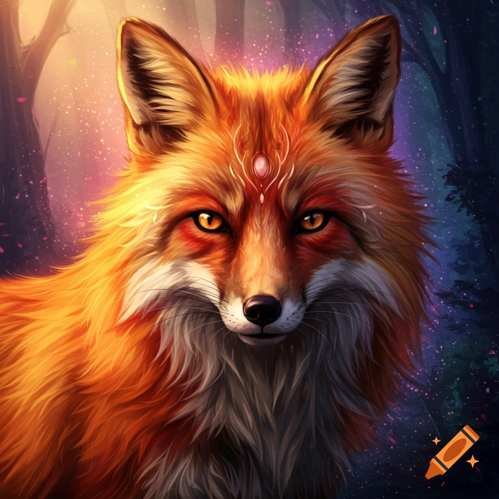 A fox with golden eyes and a symbol on its forehead in a shimmering forest.
