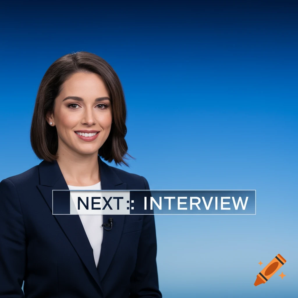 News anchor with graphic 'NEXT :: INTERVIEW'