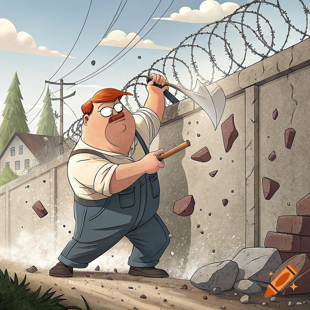 Cartoon character breaking a concrete wall with barbed wire using a pickaxe.
