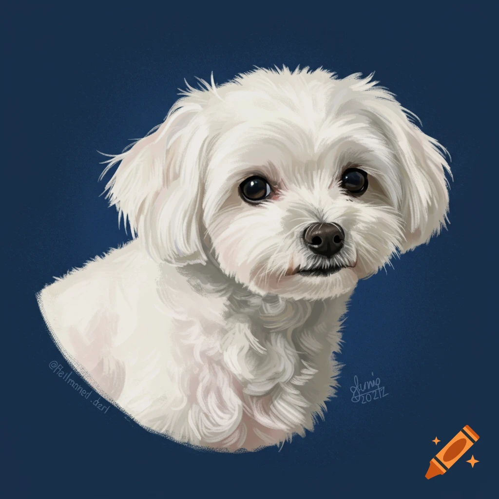 A white dog with fluffy fur is depicted against a dark blue background.