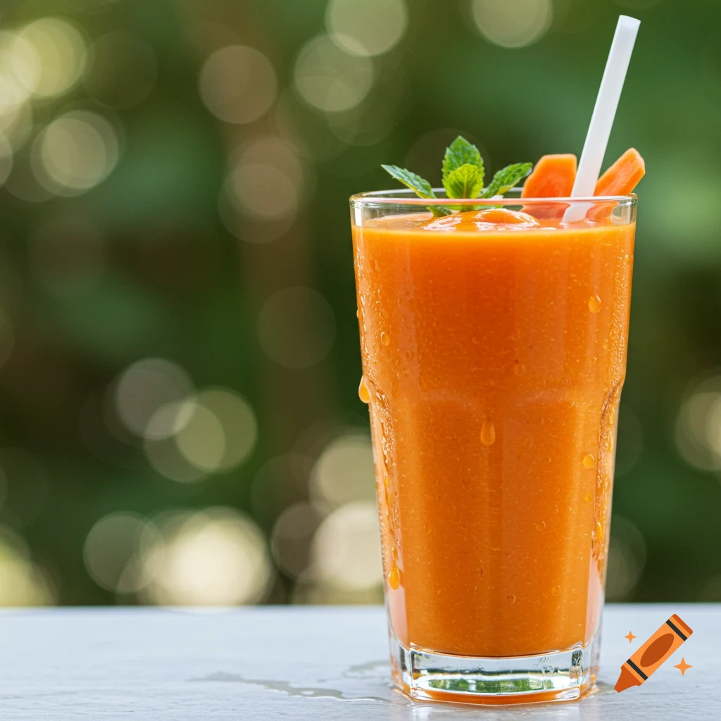 Glass of carrot smoothie with straw, carrot slices, and mint garnish