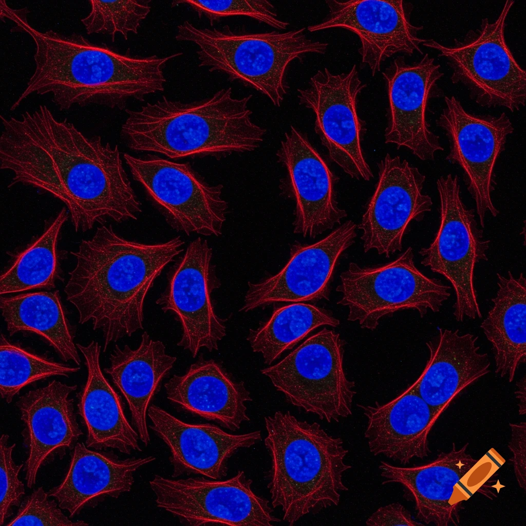 A microscopic view of numerous fluorescently stained cells with blue nuclei and red cytoplasm on a black background.