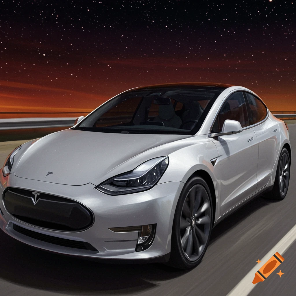 Silver Tesla Model 3 driving on a road at night under a starry sky.