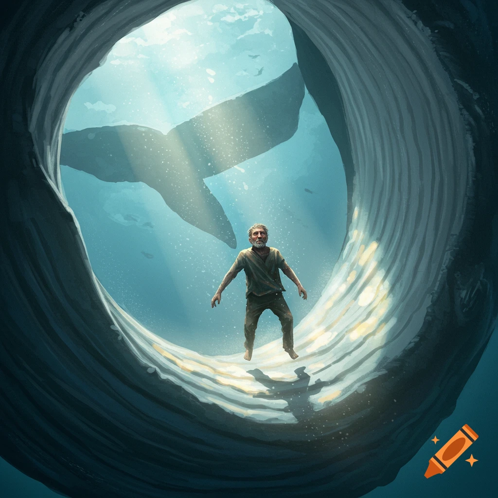 A man floats inside a whale with its tail visible above.