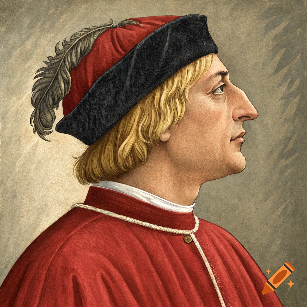 Portrait of a man in a red robe, black cap with a feather, and blonde hair, in a renaissance painting style.
