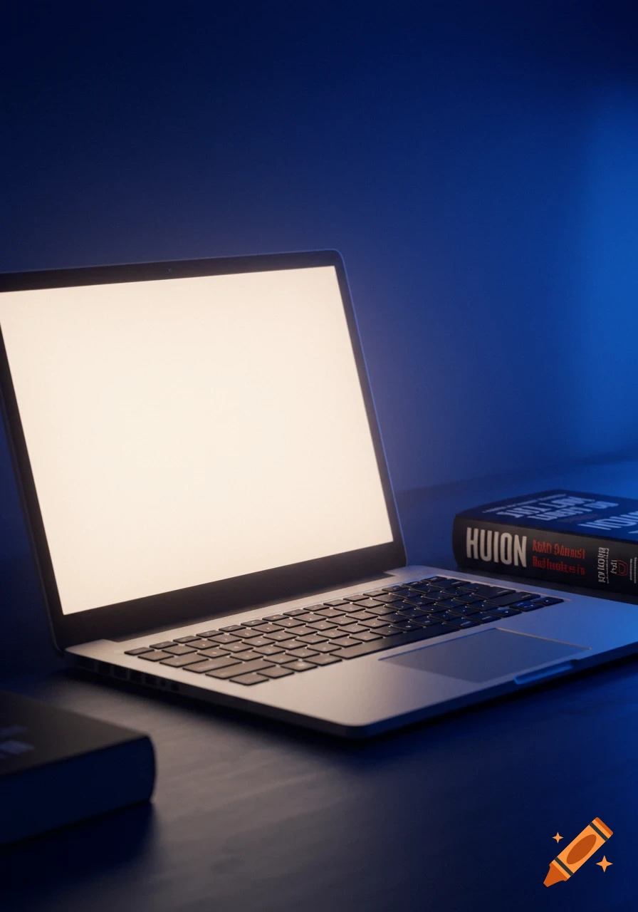 A laptop with a brightly glowing screen sits next to several books in a dimly lit, stylized scene.