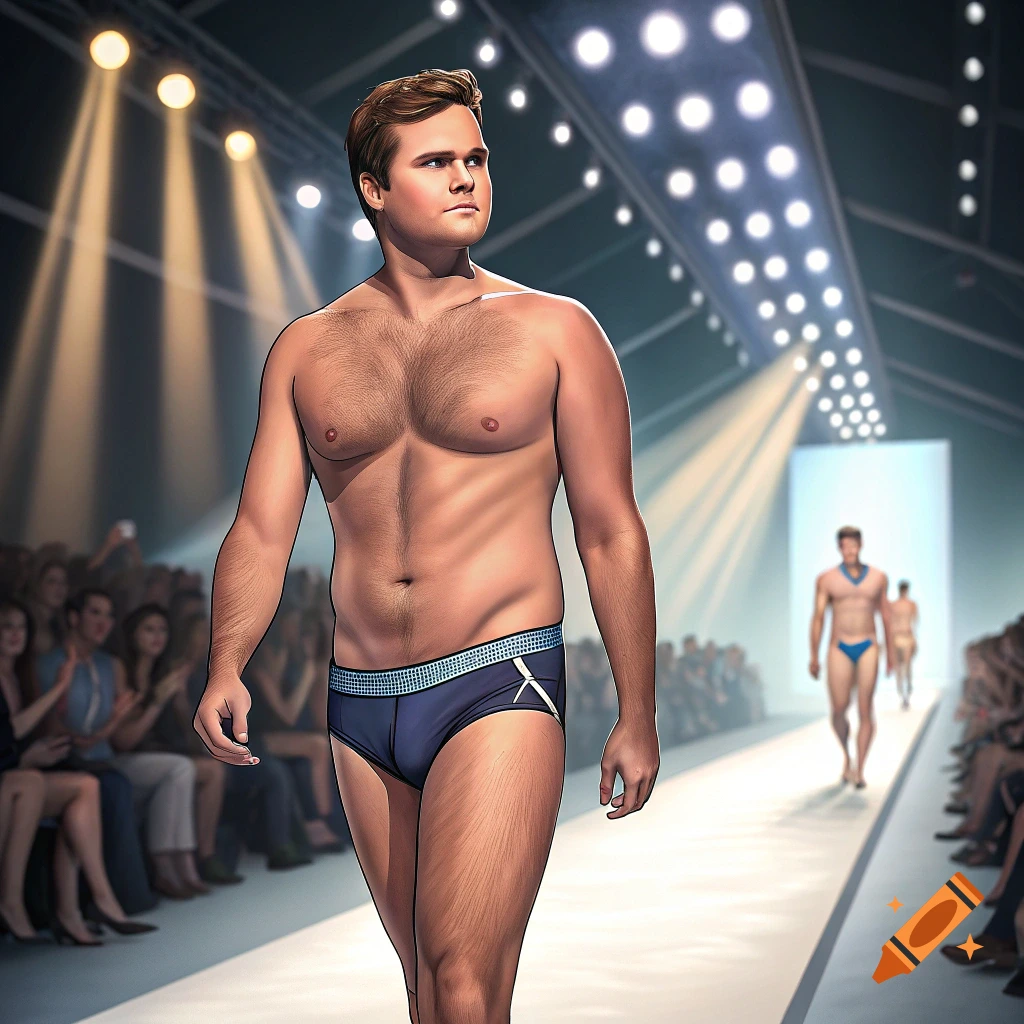 Stylized image of a man modeling blue swimwear on a fashion runway with an audience.