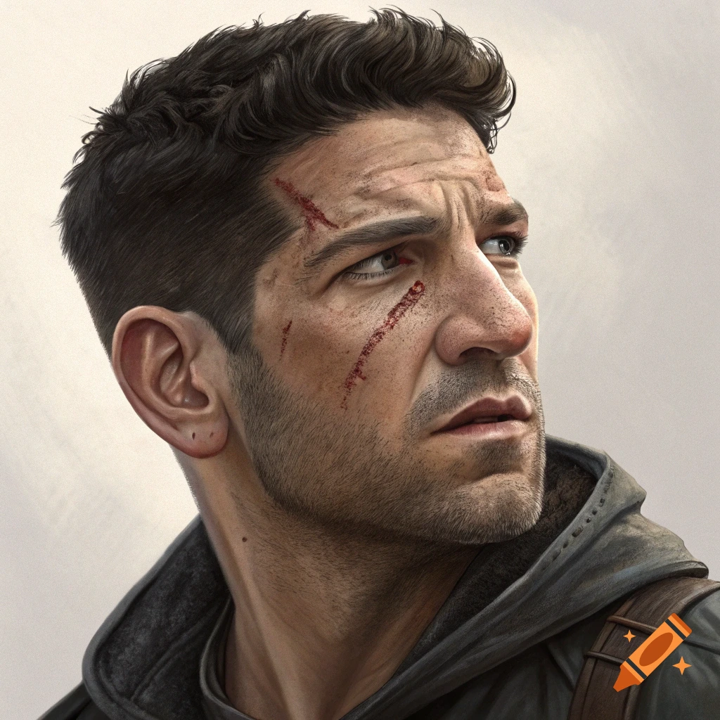 Photorealistic portrait of a man with a bruised face and prominent scars.