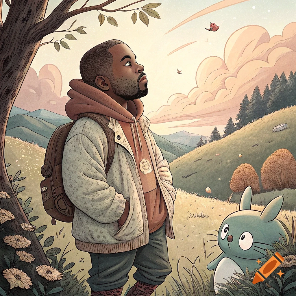A man resembling Kanye West in a Studio Ghibli style landscape with a creature like Totoro.